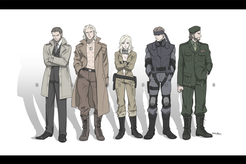 1girl, 4boys, abs, bach-bach, bandana, beret, big_boss, blonde_hair