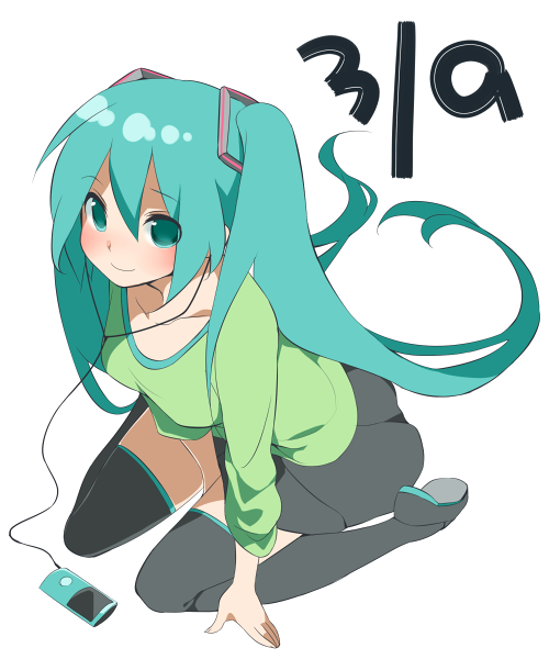 1girl, 39, aqua_eyes, aqua_hair, digital_media_player, earphones, hatsune_miku, simple_background