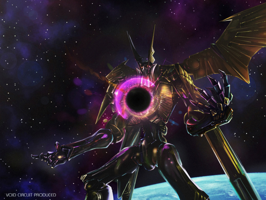 dis_astranagant, earth, glowing, mecha, no_humans, solo, space, super_robot, super_robot_wars, the_3rd_super_robot_wars_alpha, ushas, wings