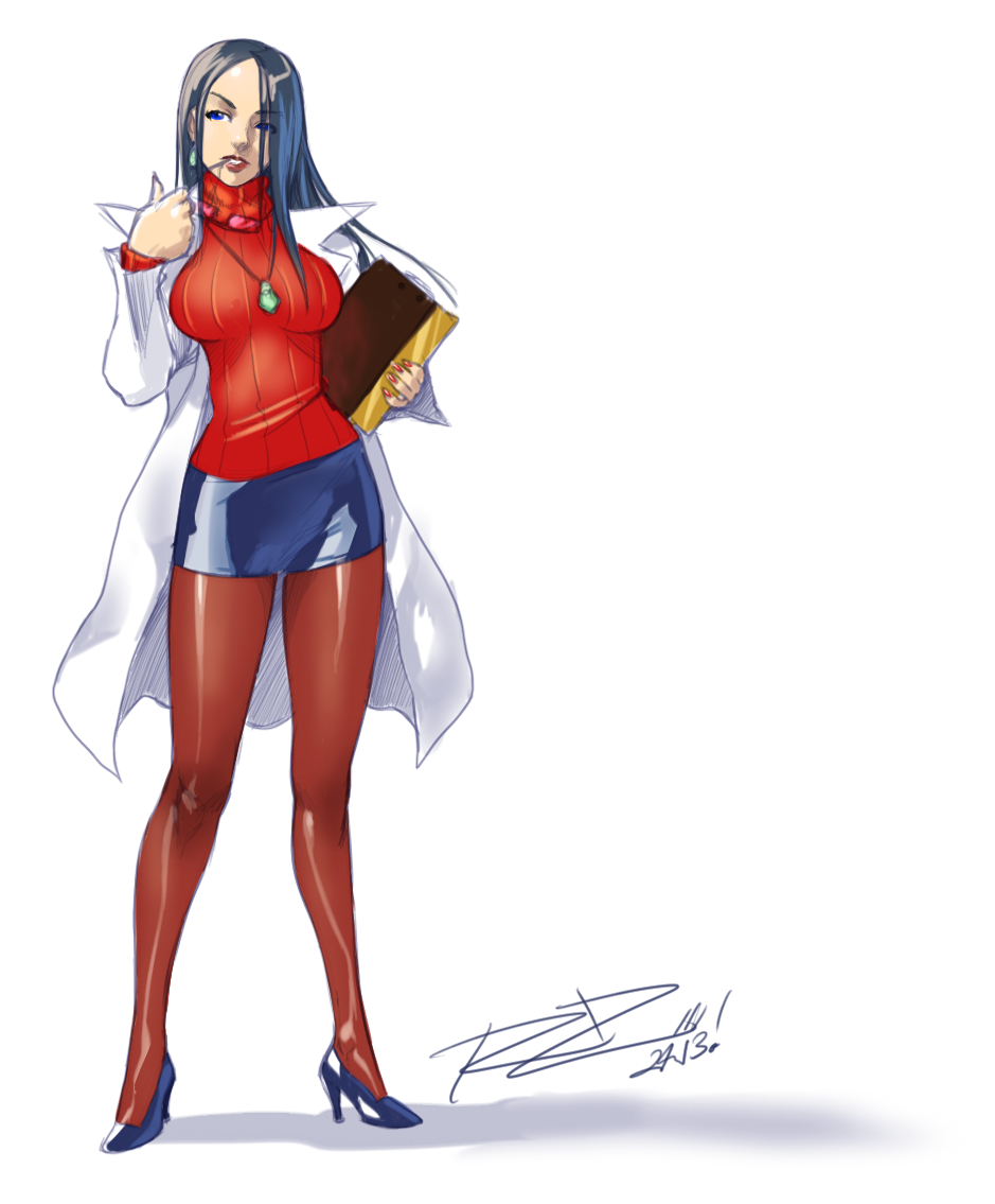 1girl, black_hair, blue_eyes, book, breasts, jewelry, labcoat, large_breasts