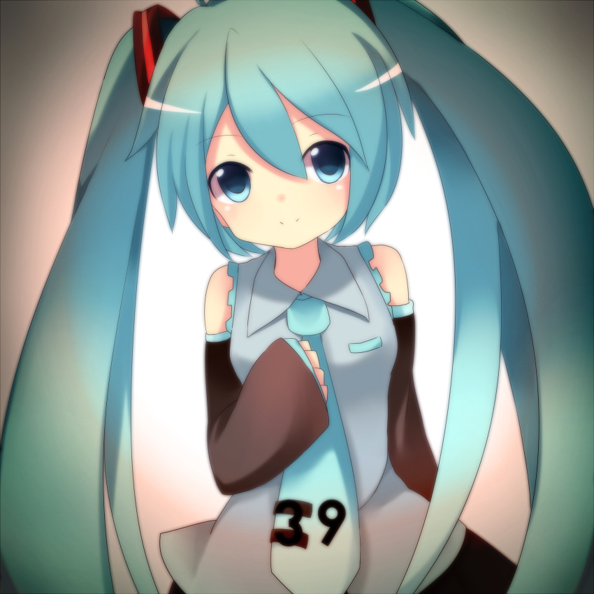 1girl, 39, absurdres, aqua_eyes, aqua_hair, detached_sleeves, hand_on_own_chest, hatsune_miku, highres, long_hair, meranoreuka_(naokentak), necktie, smile, solo, twintails, very_long_hair, vocaloid