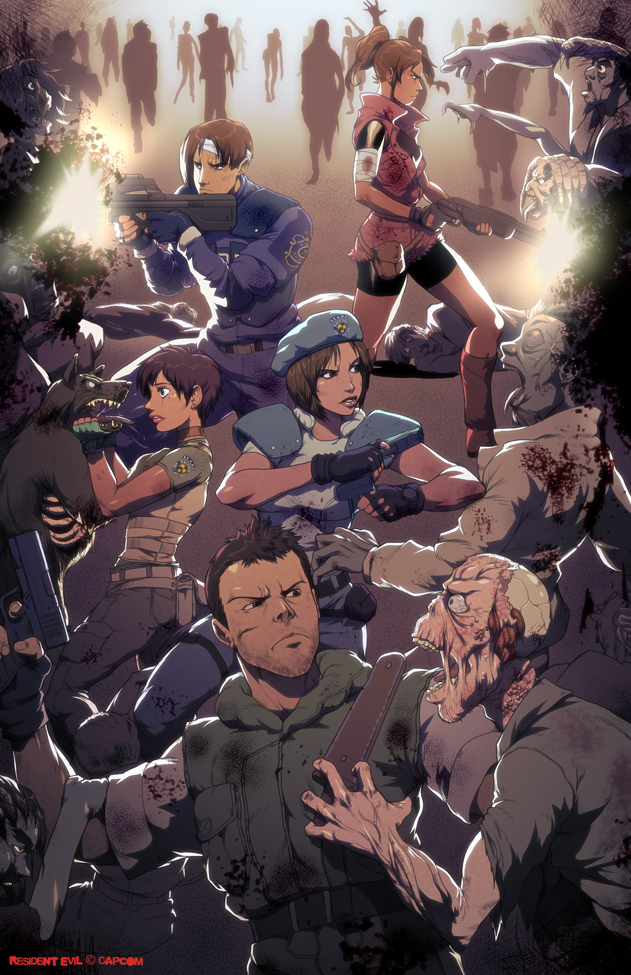 2boys, 3girls, bandages, battle, beret, bike_shorts, blood, brown_hair