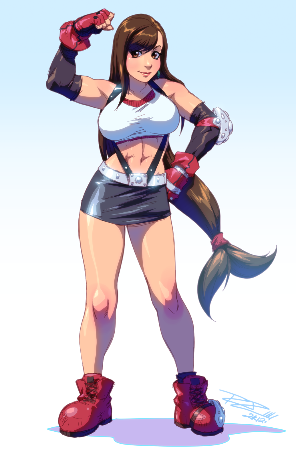 1girl, abs, belt, boots, breasts, brown_eyes, brown_hair, earrings