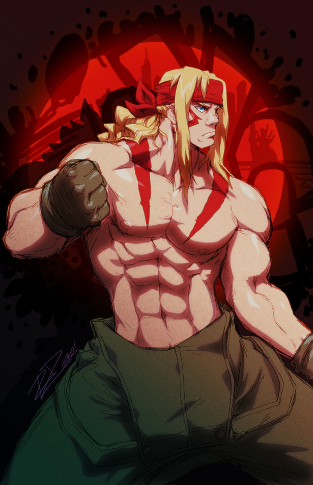 1boy, abs, alex, blonde_hair, blue_eyes, clenched_hand, facial_tattoo, fighting_stance