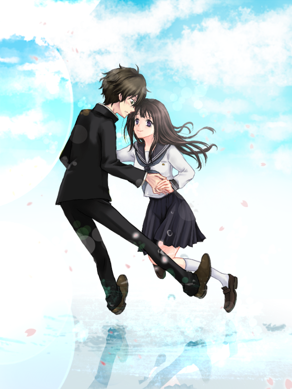 1boy, 1girl, black_hair, chitanda_eru, couple, evgrxxriu, eye_contact, gakuran, holding_hands, hyouka, long_hair, looking_at_another, oreki_houtarou, school_uniform, serafuku, short_hair, violet_eyes