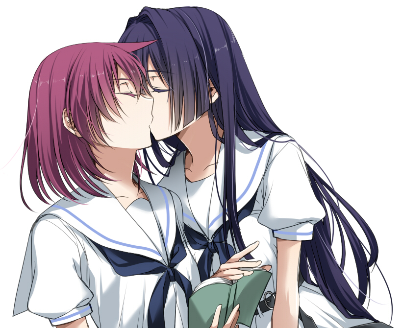 2girls, blue_hair, blush, book, closed_eyes, french_kiss, hirose_sumire, kiss