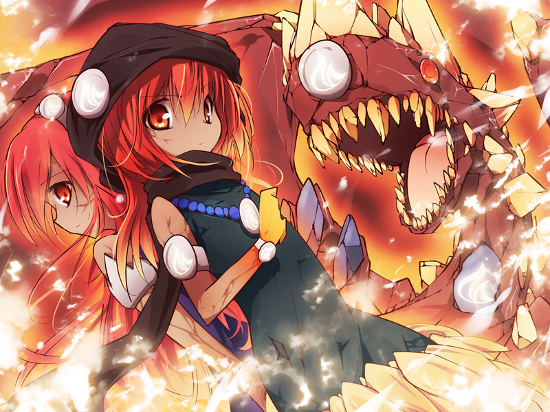 crystal, dark_skin, duel_monster, itsutsuki, jewelry, laval_forest_sprite, laval_lakeside_lady, lavalval_dragon, looking_at_viewer, necklace, red_eyes, redhead, rock, sharp_teeth, yuu-gi-ou