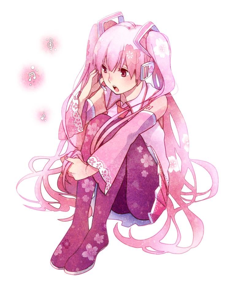 1girl, boots, detached_sleeves, hatsune_miku, headset, kuduq, leg_hug, long_hair