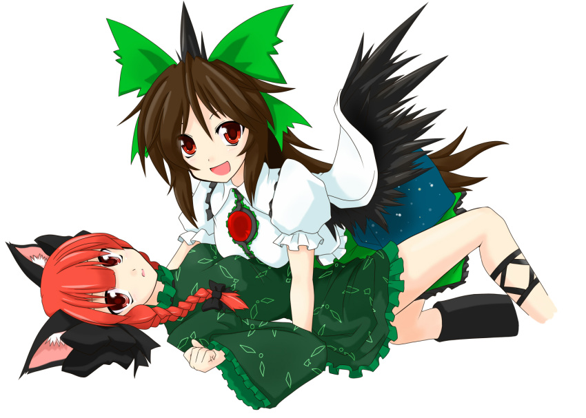 braid, eku, kaenbyou_rin, multiple_girls, reiuji_utsuho, ribbon, touhou, wings
