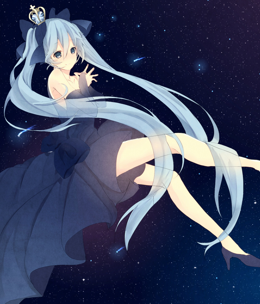 1girl, aqua_eyes, aqua_hair, bow, bridal_gauntlets, dress, hair_bow, hatsune_miku