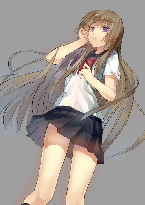 1girl, bow, brown_hair, from_below, fuwa_aika, grey_background, hime_cut, kneehighs