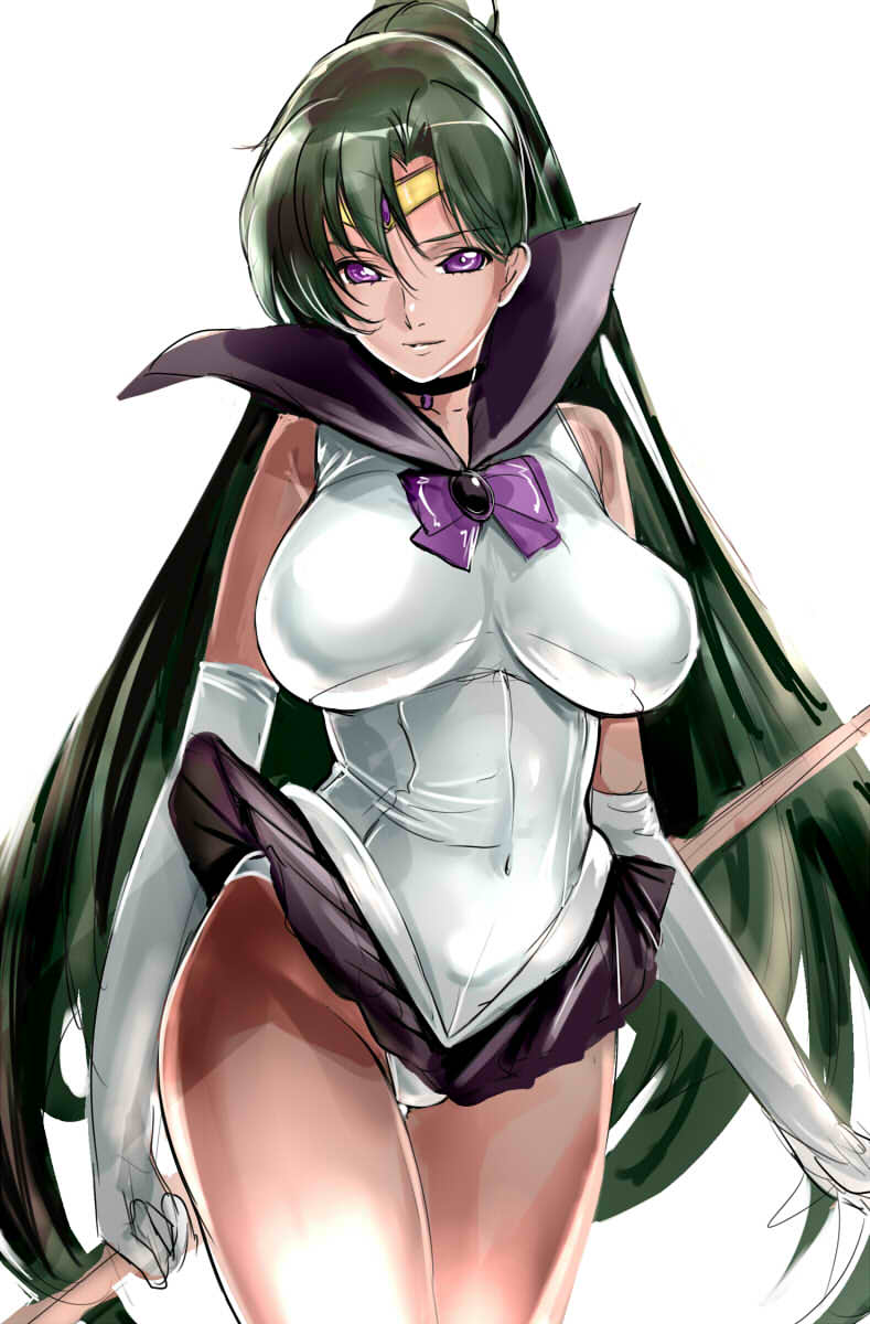 bishoujo_senshi_sailor_moon, bow, breasts, dodai_shouji, elbow_gloves, gloves, green_hair, huge_breasts, long_hair, sailor_pluto, very_long_hair, violet_eyes