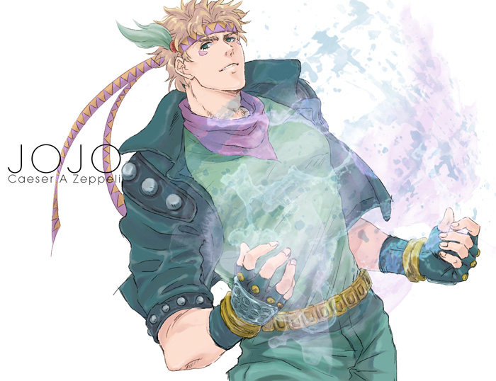 1boy, blonde_hair, bubble, caesar_anthonio_zeppeli, character_name, facial_mark, feathers, fingerless_gloves, gloves, green_jacket, headband, jacket, jojo_no_kimyou_na_bouken, neckerchief, solo, yumegiwa3226