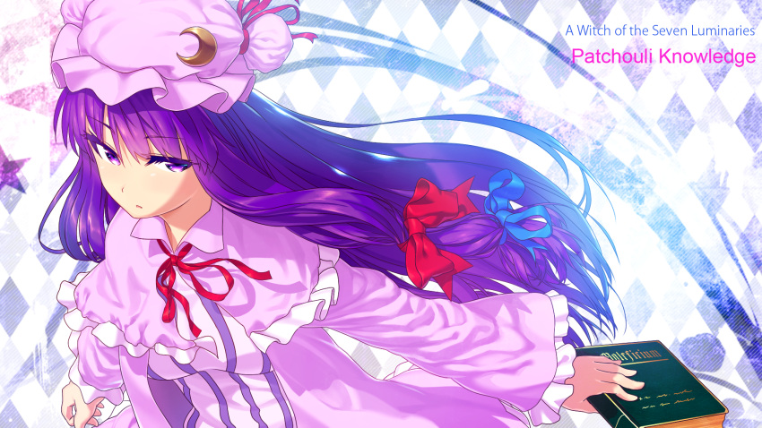 1girl, argyle, argyle_background, book, character_name, crescent, dress, frown