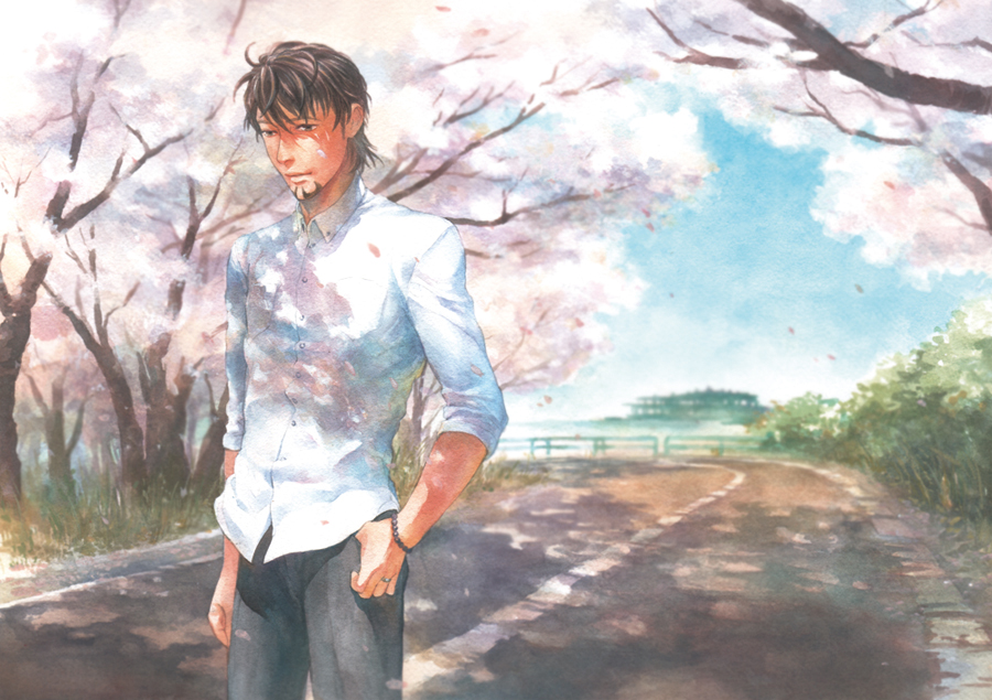 1boy, 914kana, brown_eyes, brown_hair, cherry_blossoms, facial_hair, kaburagi_t_kotetsu, solo