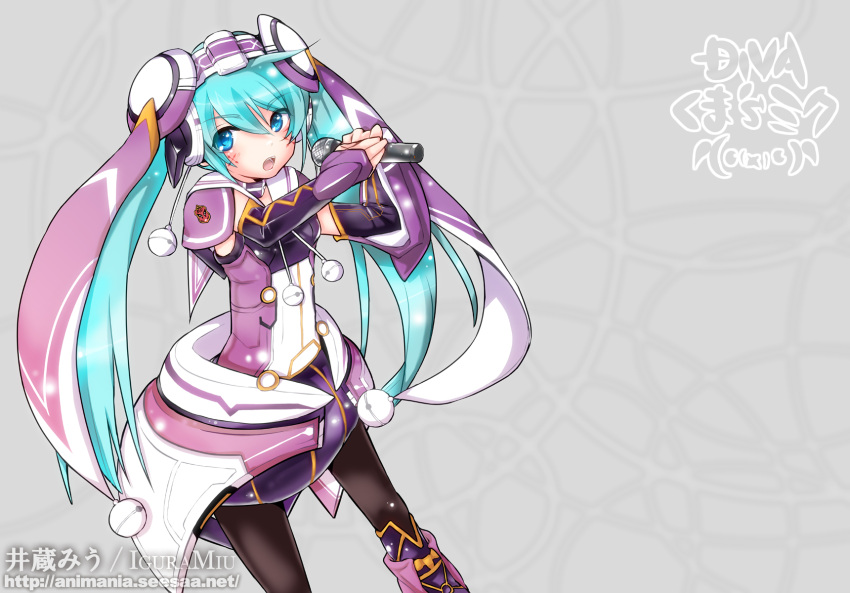 1girl, aqua_eyes, aqua_hair, detached_sleeves, hatsune_miku, highres, izane, long_hair, microphone, open_mouth, pantyhose, skirt, solo, twintails, very_long_hair, vocaloid