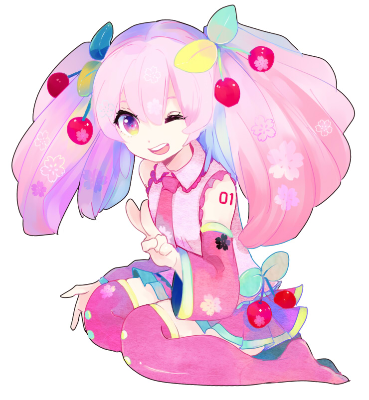 1girl, cherry, detached_sleeves, food, fruit, hatsune_miku, long_hair, necktie