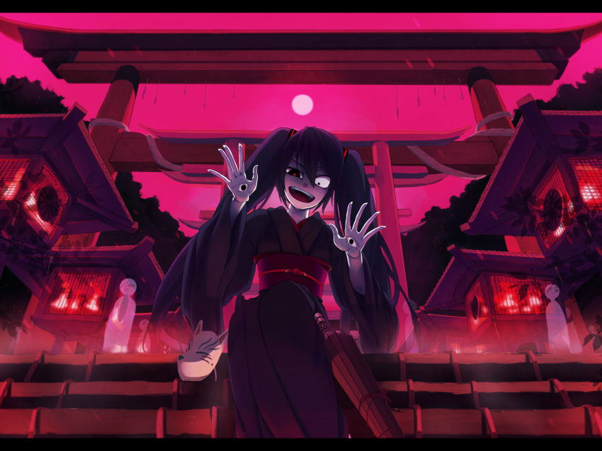 black_hair, eyeball, ghost, hatsune_miku, japanese_clothes, kimono, lantern, mask, moon, musunde_hiraite_rasetsu_to_mukuro_(vocaloid), night, oriental_umbrella, rearisu, stairs, torii, umbrella, vocaloid