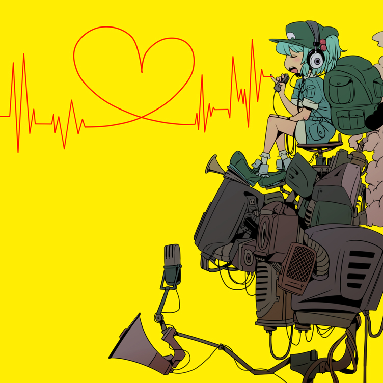 1girl, backpack, bag, blue_hair, chimosaku, closed_eyes, hat, heart