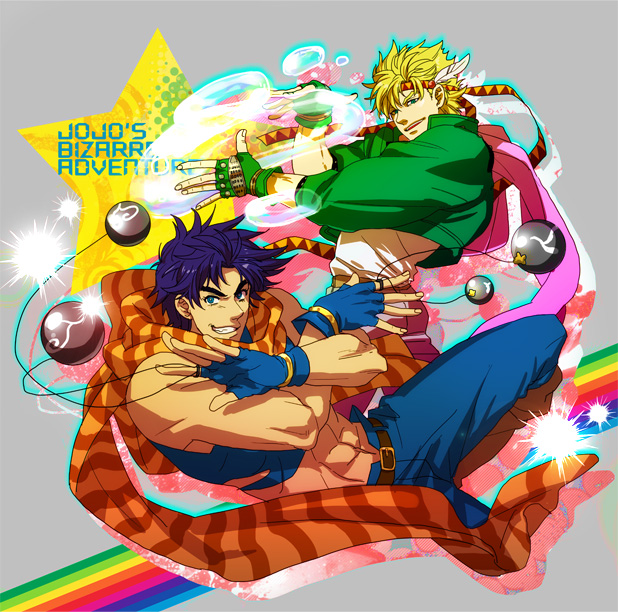 2boys, black_hair, blonde_hair, blue_eyes, bola_(weapon), caesar_anthonio_zeppeli, facial_mark, fingerless_gloves