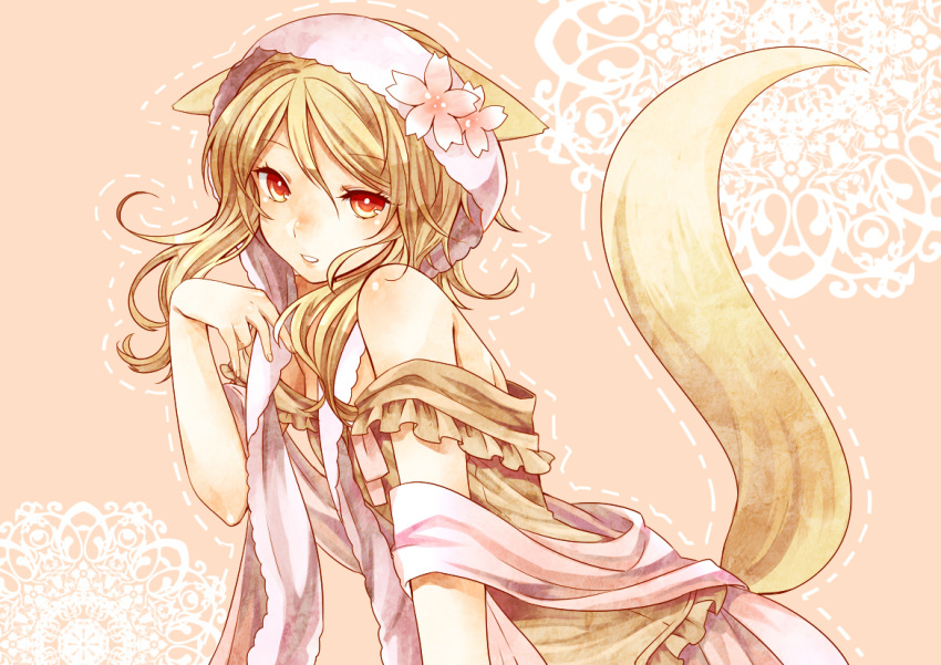 1girl, animal_ears, bare_shoulders, blush, brown_hair, ooka_miko, pink_background, red_eyes