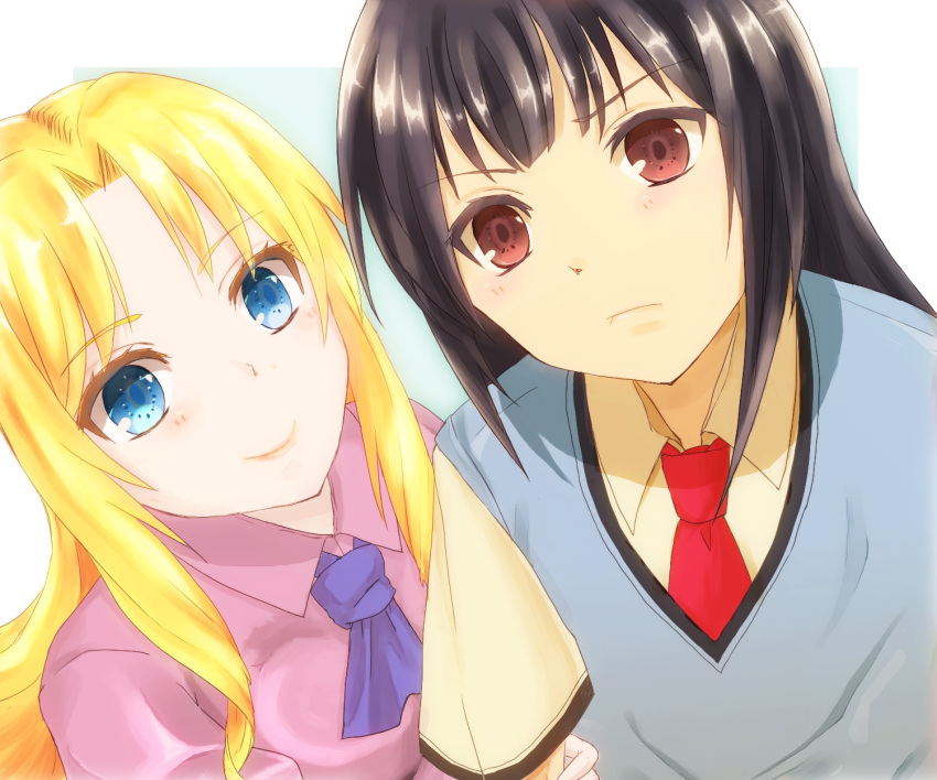 1boy, 1girl, akasaka_ryuunosuke, black_hair, blonde_hair, blue_eyes, couple, long_hair
