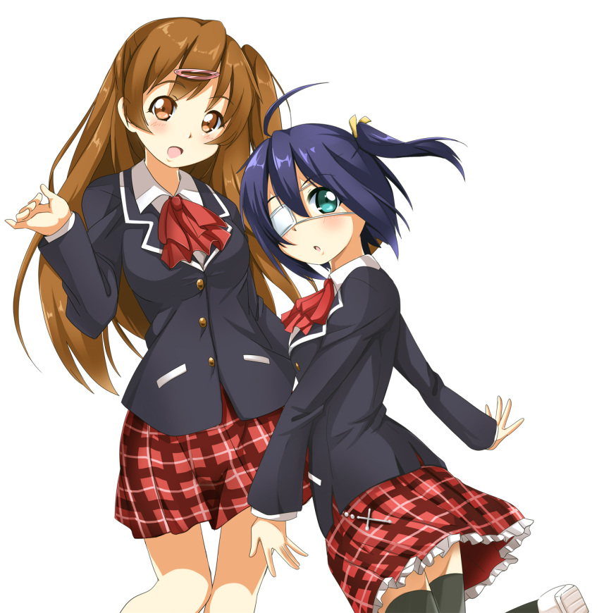 2girls, black_hair, blue_eyes, brown_eyes, brown_hair, chuunibyou_demo_koi_ga_shitai!, eyepatch, hair_ornament