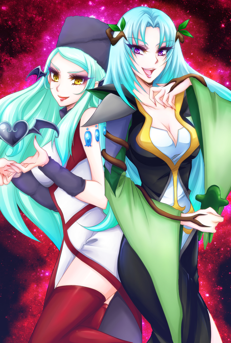 2girls, aqua_hair, bat_wings, breasts, cleavage, dokidoki!_precure, fresh_precure!, fur_hat, hat, heart, jacket, kiraki, kita_nayuta, long_hair, look-alike, mamo_(dokidoki!_precure), multiple_girls, northa, pantyhose, pink_background, precure, red_legwear, smile, violet_eyes, wings, yellow_eyes