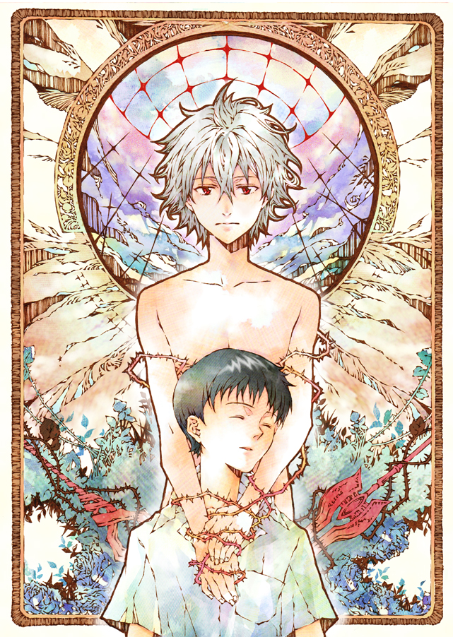 2boys, brown_hair, closed_eyes, cross, evangelion:_3.0_you_can_(not)_redo, ikari_shinji, lance_of_cassius, lance_of_longinus