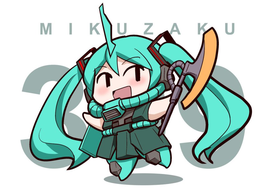 aqua_hair, axe, character_name, chibi, crossover, fusion, gundam, hatsune_miku