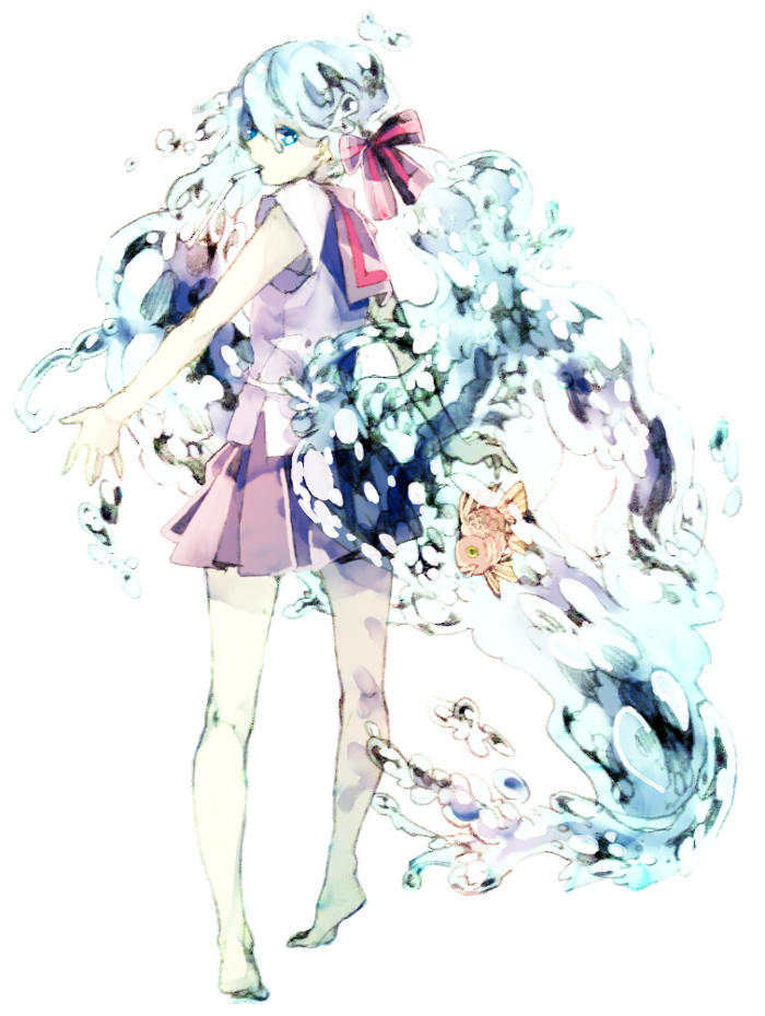 1girl, barefoot, bottle_miku, fish, goldfish, hair_ribbon, hatsune_miku, kugifumi_rinne