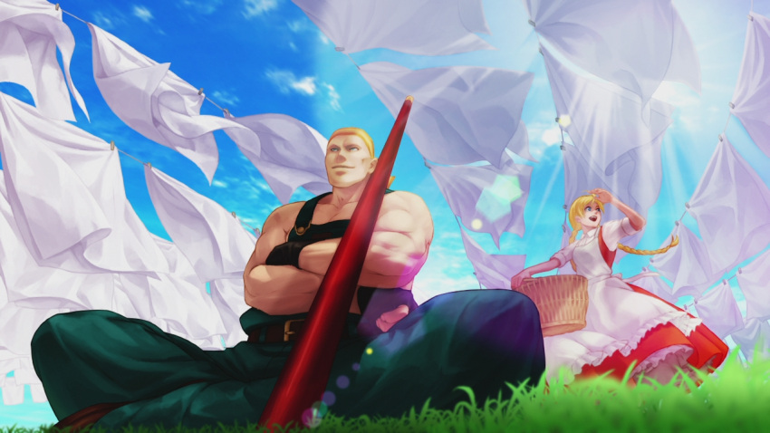 1boy, 1girl, apron, artist_request, bandana, basket, billy_kane, blonde_hair