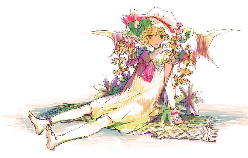 1girl, alternate_costume, anklet, barefoot, dress, flower, hat, jewelry, red_eyes, remilia_scarlet, short_hair, simple_background, sitting, sket, solo, sugi, touhou, white_background