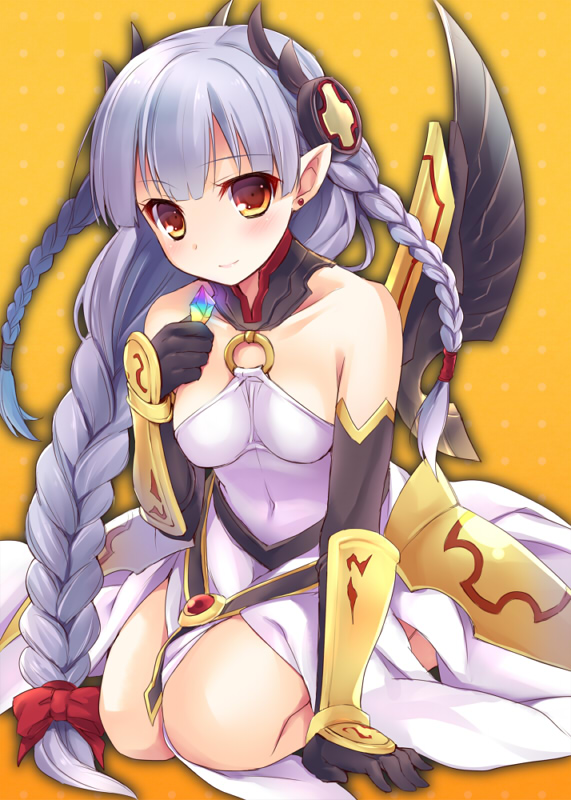 1girl, bankoku_ayuya, bare_legs, black_gloves, blush, bow, braid, breasts