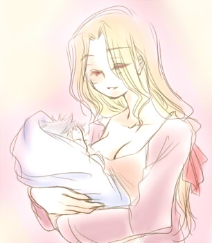 baby, blonde_hair, ceodore_harvey, cleavage, closed_eyes, female, final_fantasy, final_fantasy_iv, ikarasi, long_hair, mother_and_son, rosa_farrell