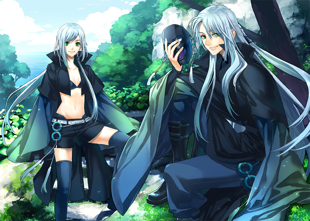 1boy, 1girl, aqua_hair, black_legwear, clouds, green_eyes, long_hair, mask
