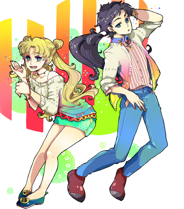 1boy, 1girl, bishoujo_senshi_sailor_moon, black_hair, blonde_hair, casual, double_bun, jeans