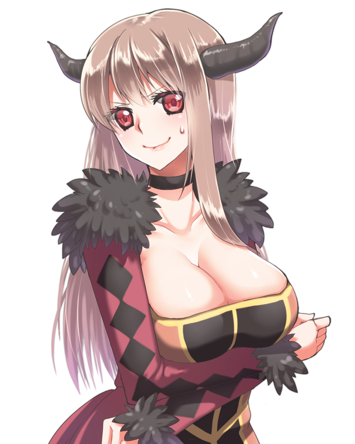 >:), 1girl, argyle, breasts, brown_hair, choker, cleavage, emappo