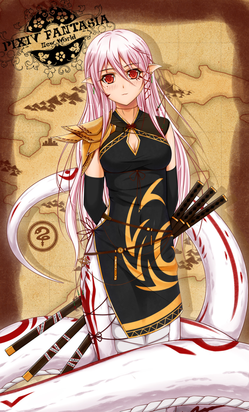 1girl, china_dress, chinese_clothes, dress, katana, lamia, long_hair, midnight_(artist)