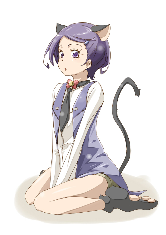 1girl, animal_ears, beeko, cat_ears, cat_tail, dokidoki!_precure, kemonomimi_mode, kenzaki_makoto, looking_at_viewer, necktie, precure, purple_hair, short_hair, sitting, solo, tail, violet_eyes, wariza, white_background