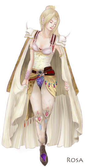belt, blonde_hair, cape, earrings, closed_eyes, female, final_fantasy, final_fantasy_iv, hair_ornament, leotard, long_hair, nano_(artist), pantyhose, rosa_farrell, shoulder_pads, solo, tiara