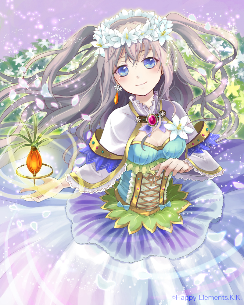 1girl, blue_eyes, capelet, dress, earrings, flower, grey_hair, head_wreath