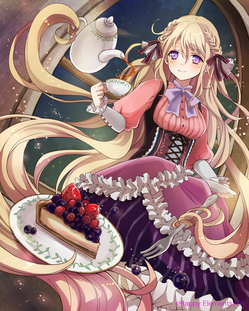 1girl, blonde_hair, braid, cake, cup, dress, food, fork