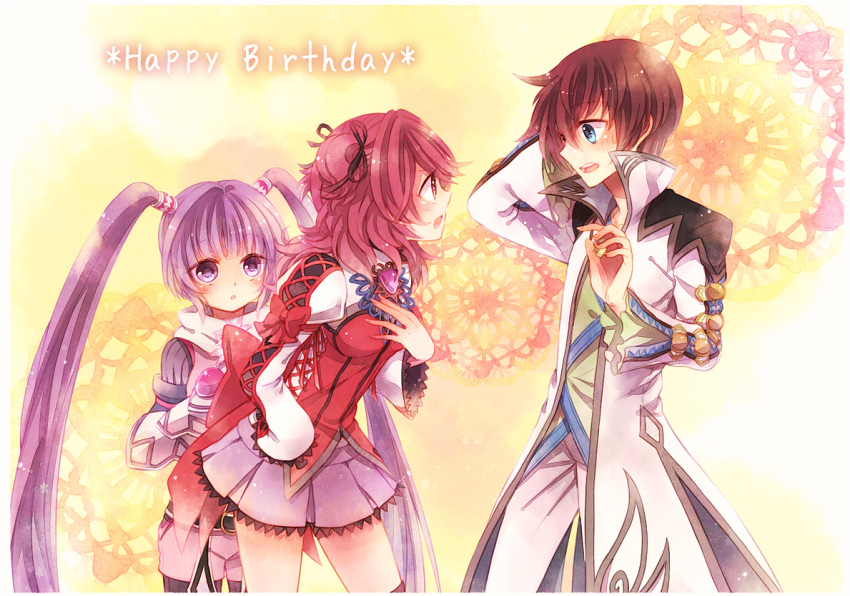 1boy, 2girls, ao2222, asbel_lhant, blue_eyes, blush, bodysuit, brooch