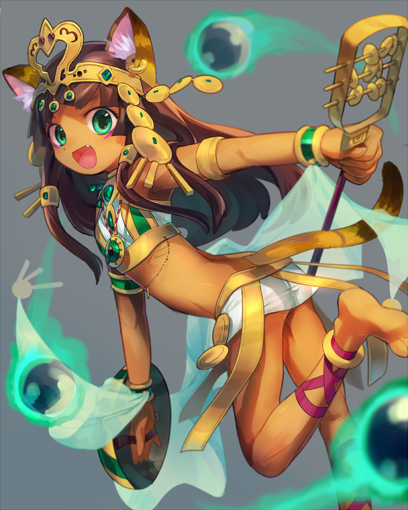 1girl, animal_ears, ankle_lace-up, anklet, barefoot, bastet_(p&amp;d), blurry, brown_hair