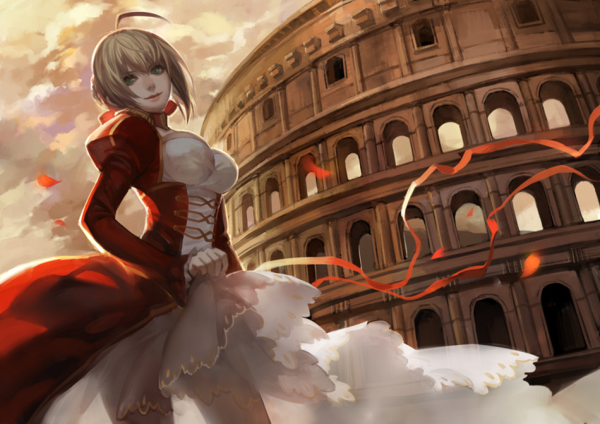 1girl, ahoge, asukaziye, blonde_hair, breasts, cleavage, colosseum, dress