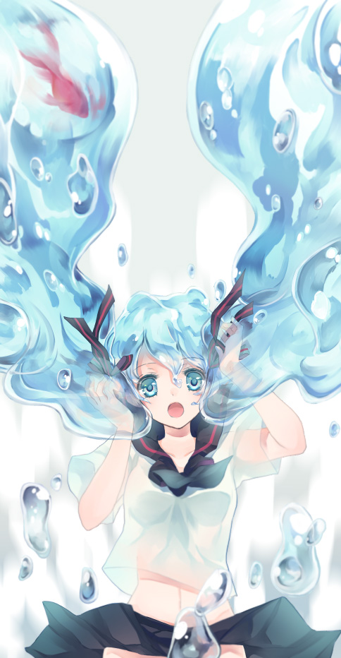1girl, aqua_eyes, aqua_hair, bottle_miku, fish, hair_ribbon, hatsune_miku, koyami_tsukito
