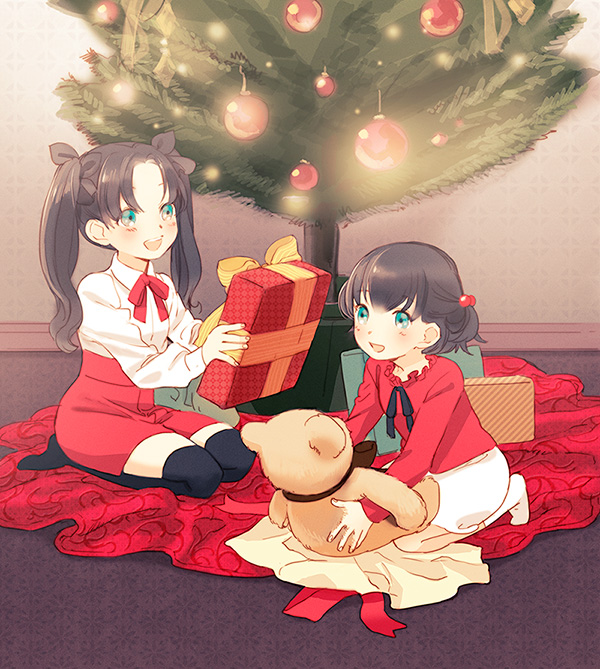 2girls, black_hair, blue_eyes, child, christmas, christmas_ornaments, christmas_tree, fate/zero