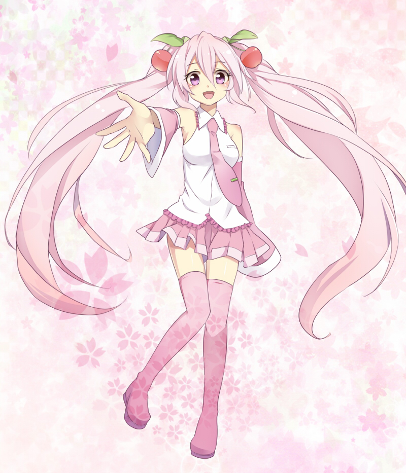 1girl, afuro_(did), boots, cherry, detached_sleeves, food, fruit, hatsune_miku