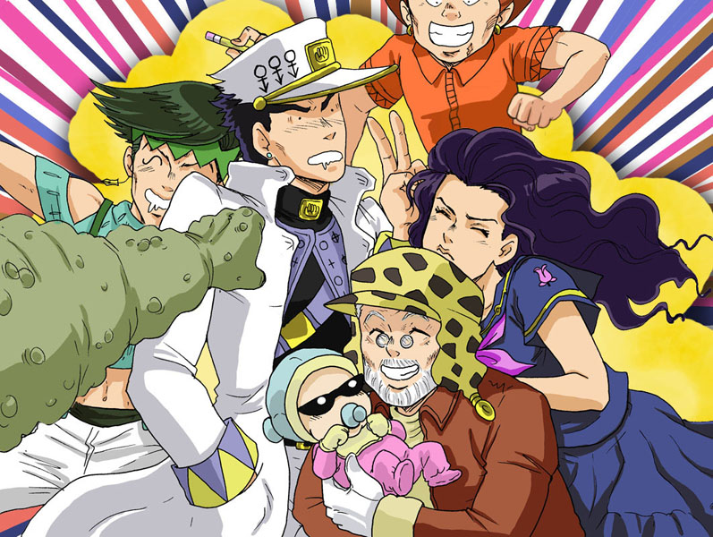 2girls, 4boys, jojo_no_kimyou_na_bouken, joseph_joestar, kishibe_rohan, kobayashi_tamami, kuujou_joutarou, mane_(kanpekikiss)